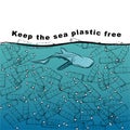 Hand drawn A whale shark in the ocean with full of plastic bottl with wording Ã¢â¬â¢Keep the sea plastic freeÃ¢â¬Â vector design